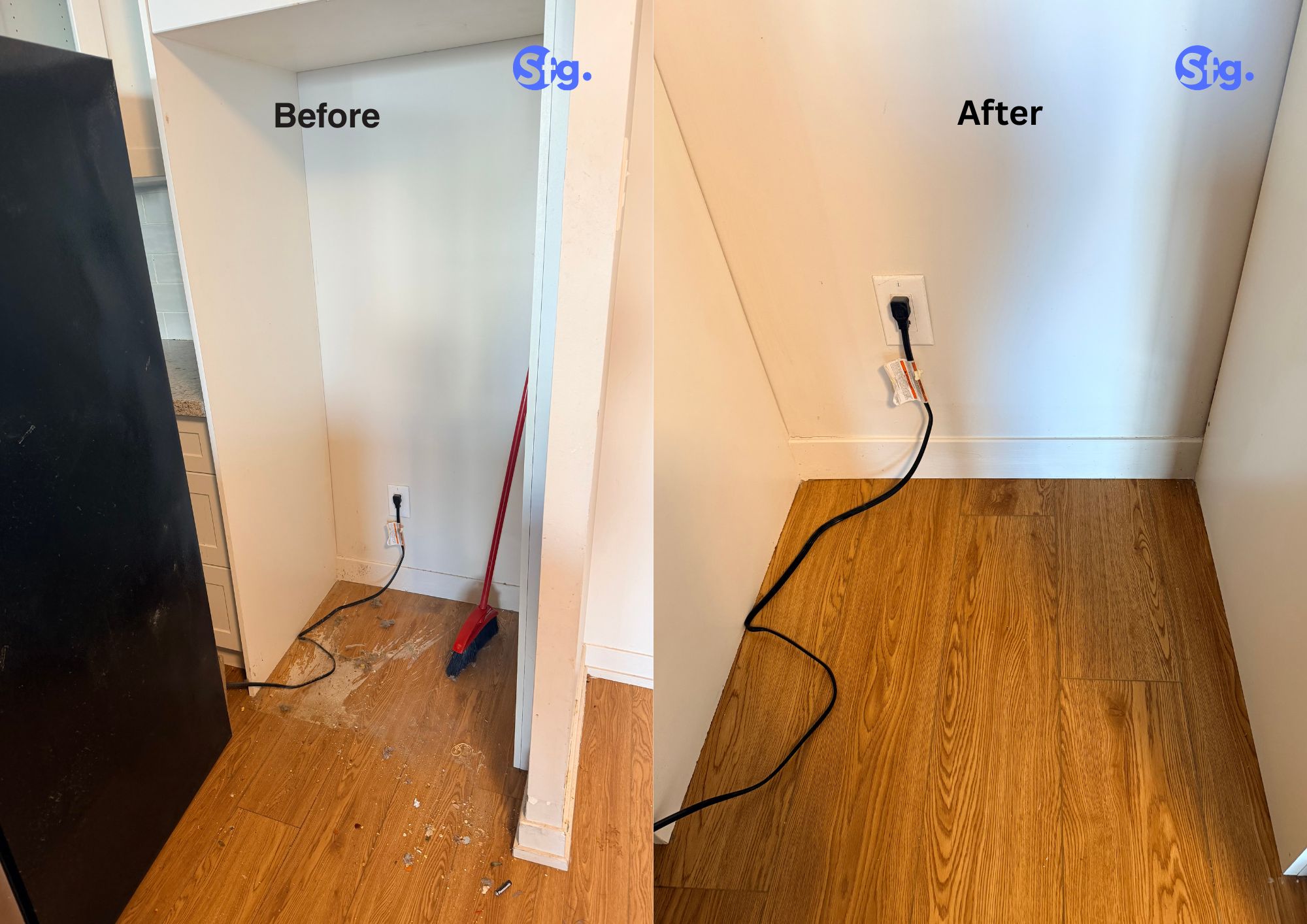 Before and after utility nook floor cleaning by Signet Facility Group